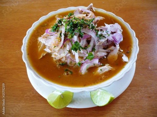 Rico encebollado con albacora y yuca, plato tipico de Ecuador photo