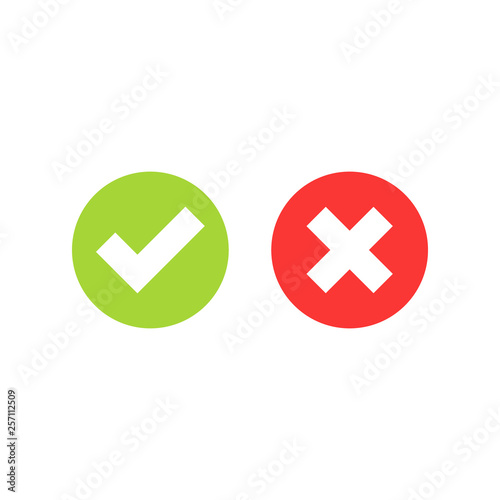 Green check mark and red cross icon. Vector illustration. Isolated.