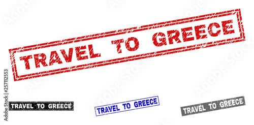 Grunge TRAVEL TO GREECE rectangle stamp seals isolated on a white background. Rectangular seals with grunge texture in red, blue, black and gray colors.