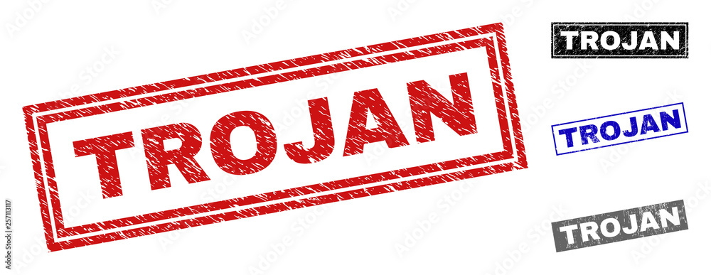 Grunge TROJAN rectangle stamp seals isolated on a white background. Rectangular seals with distress texture in red, blue, black and gray colors.