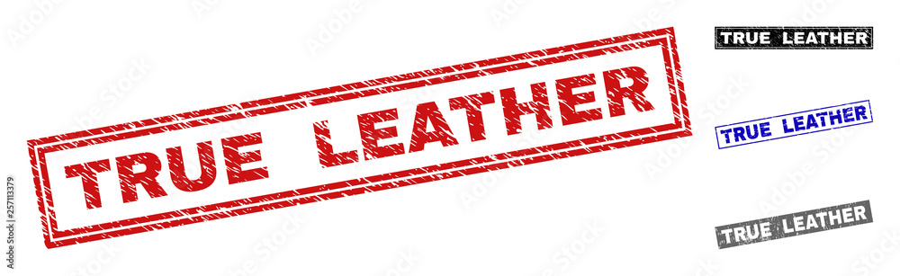 Grunge TRUE LEATHER rectangle stamp seals isolated on a white background. Rectangular seals with grunge texture in red, blue, black and grey colors. Grunge TRUE LEATHER rectangle stamp seals isolated on a white background. Rectangular seals with grunge texture in red, blue, black and grey colors.
