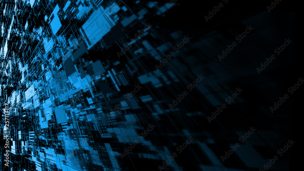 3D Rendering of abstract technology background. Wide screen wallpaper. Computer circuit dots and blur binary data. For deep machine learning, crypto currency, artificial intelligence product uses. 