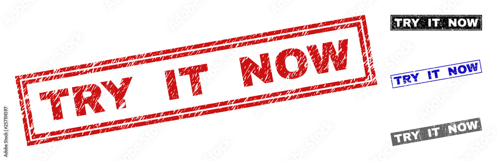 Grunge TRY IT NOW rectangle stamp seals isolated on a white background. Rectangular seals with grunge texture in red, blue, black and gray colors. Grunge TRY IT NOW rectangle stamp seals isolated on a white background. Rectangular seals with grunge texture in red, blue, black and gray colors.