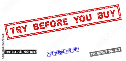 Grunge TRY BEFORE YOU BUY rectangle stamp seals isolated on a white background. Rectangular seals with distress texture in red, blue, black and grey colors.