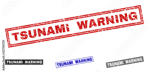 Grunge TSUNAMI WARNING rectangle stamp seals isolated on a white background. Rectangular seals with distress texture in red, blue, black and gray colors.