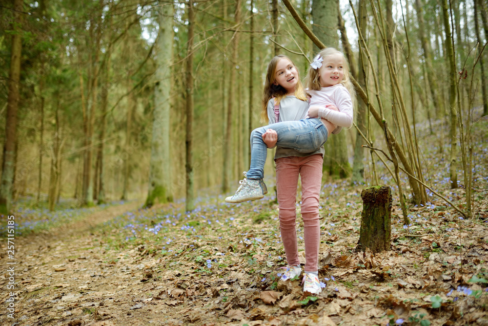 Two cute young sisters having fun during forest hike on beautiful early spring day. Active family leisure with kids.