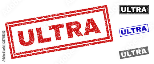 Grunge ULTRA rectangle stamp seals isolated on a white background. Rectangular seals with grunge texture in red, blue, black and gray colors.