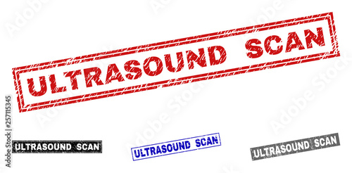 Grunge ULTRASOUND SCAN rectangle stamp seals isolated on a white background. Rectangular seals with grunge texture in red, blue, black and gray colors.