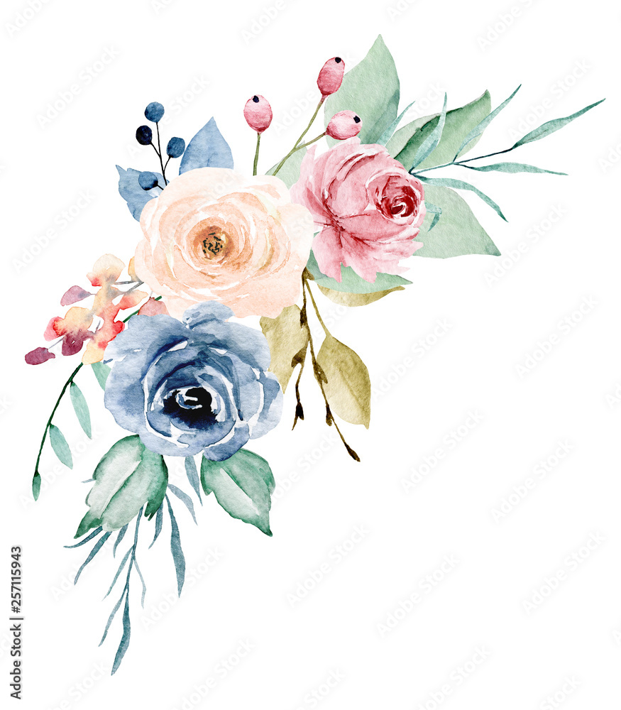 Obraz Akwarela kwiaty piwonie, róże, liść. Ręcznie rysunek kwiatowy wzór. Bukiet idealny na wakacje, ślub, kartkę z życzeniami i zaproszenie. Na białym tle.