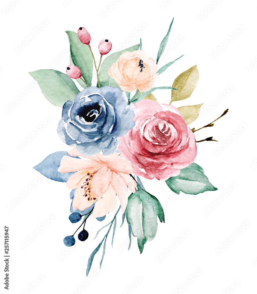 Watercolor flowers peonies, roses, leaf. Hand drawing floral design ...