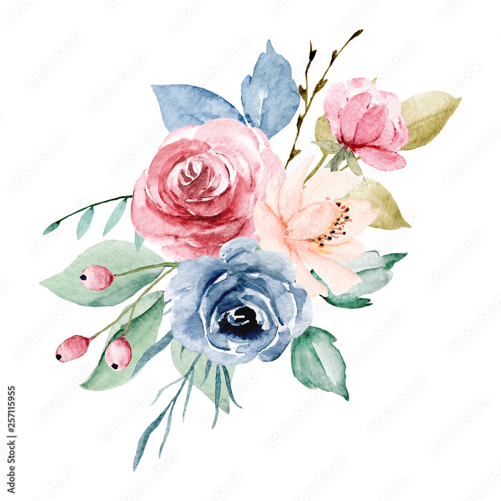 Watercolor flowers peonies, roses, leaf. Hand drawing floral design ...