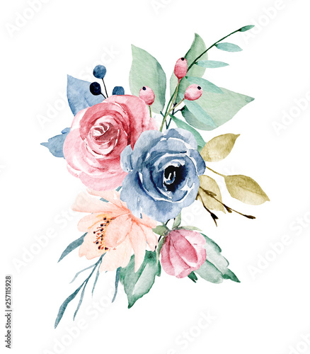 Watercolor flowers peonies, roses, leaf. Hand drawing floral design ...