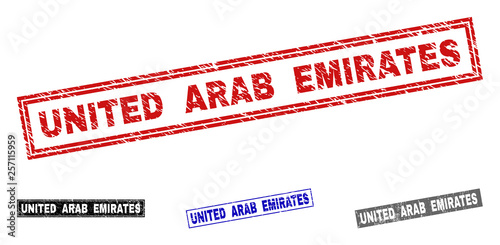 Grunge UNITED ARAB EMIRATES rectangle stamp seals isolated on a white background. Rectangular seals with grunge texture in red, blue, black and gray colors.