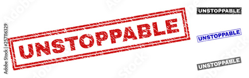 Grunge UNSTOPPABLE rectangle stamp seals isolated on a white background. Rectangular seals with grunge texture in red, blue, black and gray colors.
