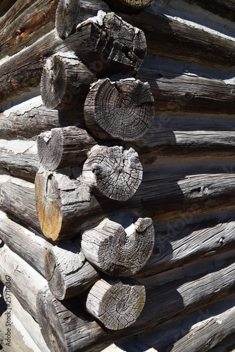 Oakhurst, CA., U.S.A. June 25, 2017. Restored Fresno Flats Historic Village and Park offers visitors a unique glimpse of California’s Sierra Nevada foothills pioneer 1870s dovetail hand-hewn log cabin photo