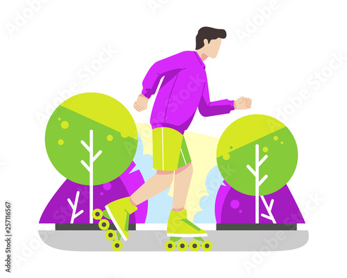 Young man rollerskating in park vector illustration