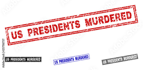 Grunge US PRESIDENTS MURDERED rectangle stamp seals isolated on a white background. Rectangular seals with grunge texture in red, blue, black and gray colors.