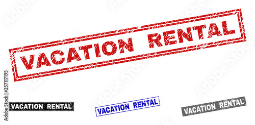 Grunge VACATION RENTAL rectangle stamp seals isolated on a white background. Rectangular seals with grunge texture in red, blue, black and gray colors.