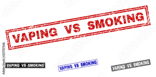 Grunge VAPING VS SMOKING rectangle stamp seals isolated on a white background. Rectangular seals with grunge texture in red, blue, black and gray colors.