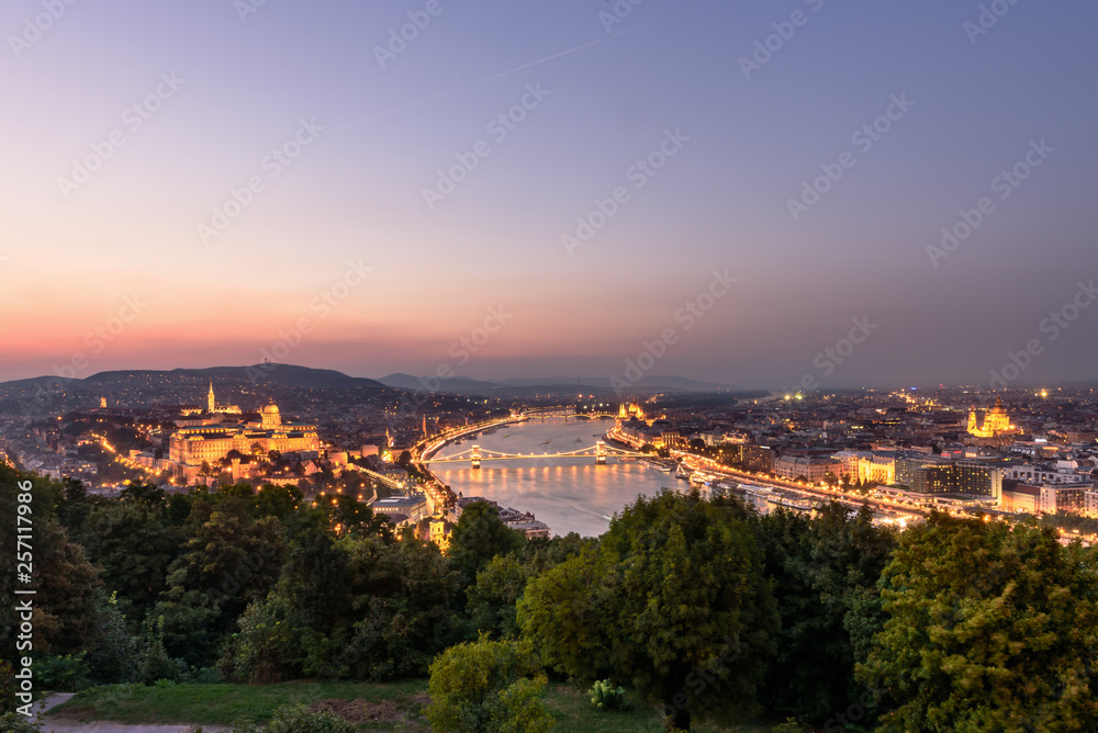 Chain bridge and Parliament building at night, Budapest, Hungary,  Aerial view of Budapest, Hungary at sunset. View of Buda castle, 