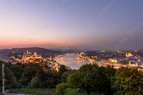 Chain bridge and Parliament building at night, Budapest, Hungary, Aerial view of Budapest, Hungary at sunset. View of Buda castle, 
