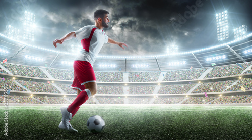 Professional soccer player in action. Ball in action on the night soccer stadium with fans and flags. 3d football background © Ruslan Shevchenko