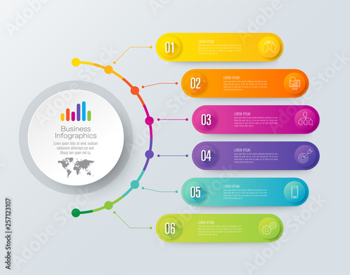 Timeline infographics design vector and business icons with 6 options.