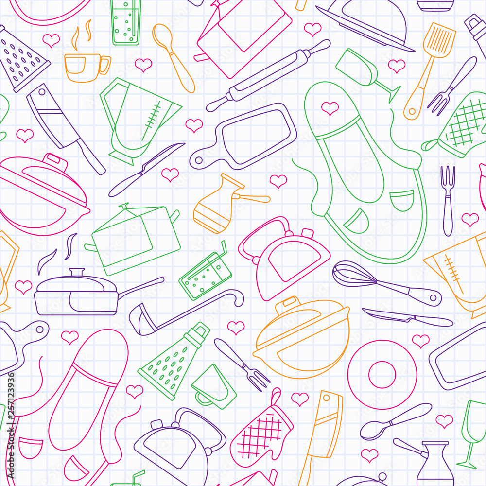 Seamless pattern on the theme of cooking and kitchen utensils, simple contour icons, painted with colored markers on the clean writing-book sheet in a cage Seamless pattern on the theme of cooking and kitchen utensils, simple contour icons, painted with colored markers on the clean writing-book sheet in a cage