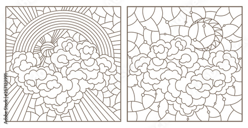 Set of contour illustrations of stained-glass Windows with celestial landscapes,square images, dark contours on a white background
