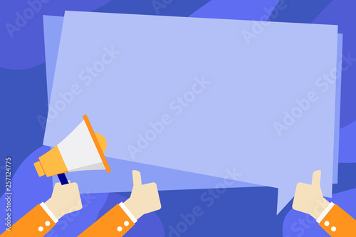 Hand Holding Megaphone and Other Two Gesturing Thumbs Up with Text Balloon Design business concept Empty copy text for Web banners promotional material mock up template.