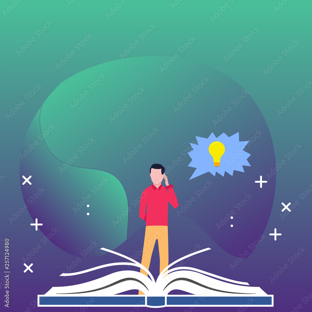 Man Standing Behind Open Book, Hand on Head, Jagged Speech Bubble with Bulb Design business concept. Business ad for website and promotion banners. empty social media ad Man Standing Behind Open Book, Hand on Head, Jagged Speech Bubble with Bulb Design business concept. Business ad for website and promotion banners. empty social media ad