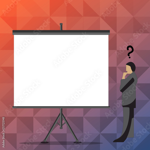 Businessman with Question Mark Above his Head Standing Beside Blank Screen Design business Empty copy space text for Ad website promotion isolated Banner template