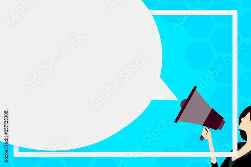 Huge Blank Speech Bubble Round Shape. Slim Woman Holding Colorful Megaphone Design business concept Empty copy space modern abstract background