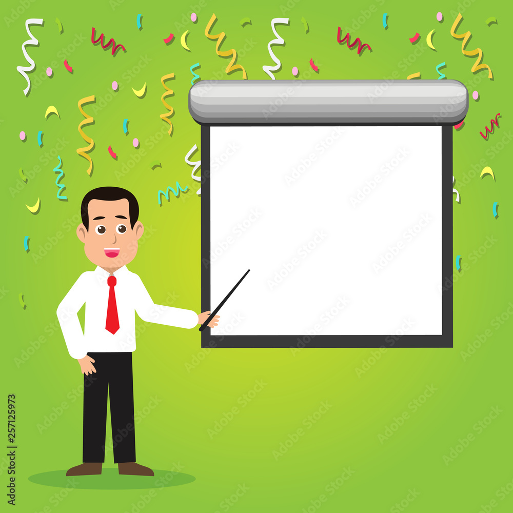 Man in Necktie Talking Holding Stick Pointing to Blank White Screen on Wall Business Empty template for Layout for invitation greeting card promotion poster voucher Man in Necktie Talking Holding Stick Pointing to Blank White Screen on Wall Business Empty template for Layout for invitation greeting card promotion poster voucher