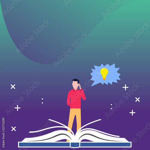 Man Standing Behind Open Book, Hand on Head, Jagged Speech Bubble with Bulb Design business concept Empty copy text for Web banners promotional material mock up template