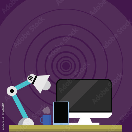 Arrangement of Workspace for Nightshift Worker with Computer,Tablet and Lamp Design business concept. Business ad for website and promotion banners. empty social media ad