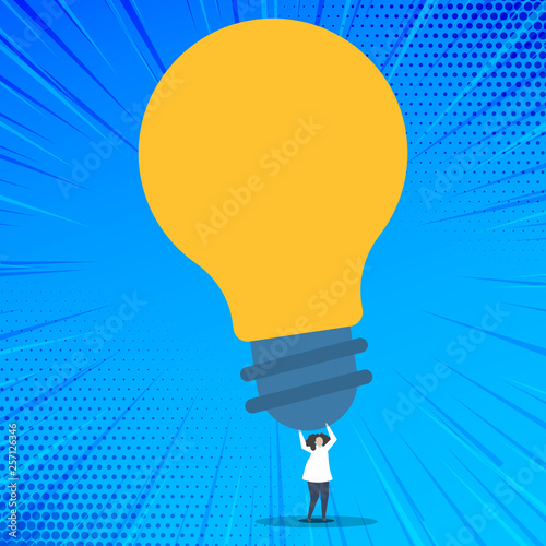 Person Standing and Raising Up Arms Holding Big Yellow Lightbulb for Ideas Copy Space design Empty template text for Ad, promotion, poster, flyer, web banner, article