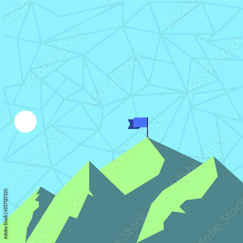 Mountains with Shadow Indicating Time of Day and Flag Banner on One Peak Design business concept. Business ad for website and promotion banners. empty social media ad