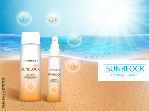 Vector illustration. 3d bottles with sun protection cosmetic products on tropic beach. Sunblock cream and tanning oil spray bottle. Template, for magazine or ads, brochure, flyer, banner.