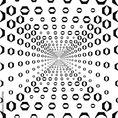 Abstract seamless pattern with hexagonal optical illusion, 3d shapes. White and black vector illustration.