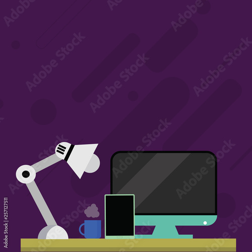 Arrangement of Workspace for Nightshift Worker with Computer,Tablet and Lamp Design business concept Empty template copy space text for Ad website isolated