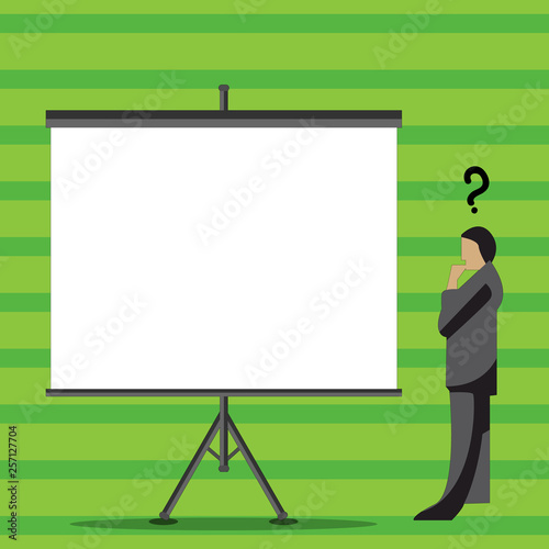 Businessman with Question Mark Above his Head Standing Beside Blank Screen Design business concept Empty copy text for Web banners promotional material mock up template