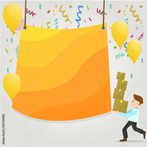 Man Carrying Pile of Boxes with Blank Tarpaulin in the Center and Balloons Design business concept Empty copy text for Web banners promotional material mock up template.