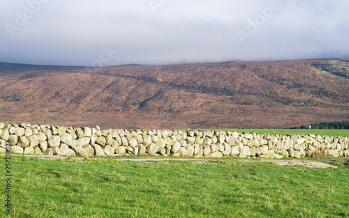 Green grassy pastures for sheep grazing and characteristic stone walls on Slieve Binnian in the Mourne Mountains in Northern Ireland, UK. photo