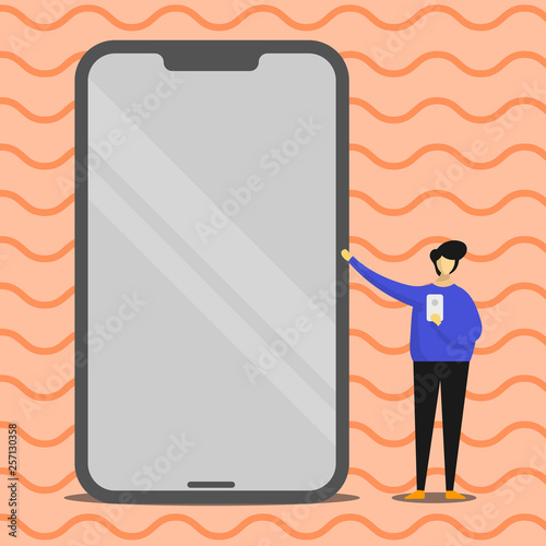 Man Presenting Huge Blank Screen Smartphone while Holding Another Mobile Copy Space design Empty template text for Ad, promotion, poster, flyer, web banner, article