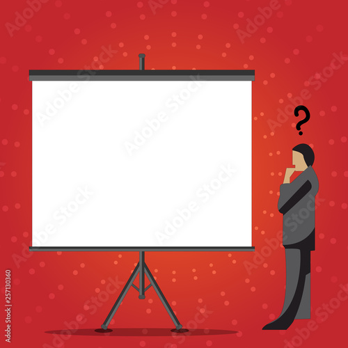 Businessman with Question Mark Above his Head Standing Beside Blank Screen Design business concept Empty copy text for Web banners promotional material mock up template