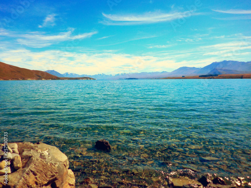 The close up of the shore of the beautiful crystal lake Tekapo, NZ