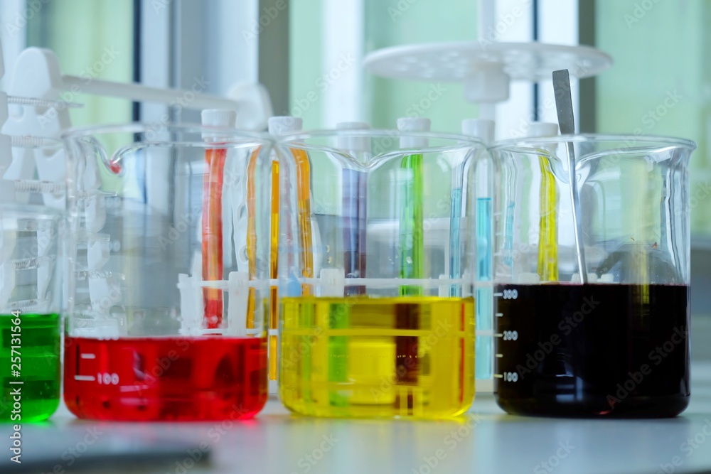 Chemical tube set development and pharmacy in laboratory with multicolored substances in laboratory - Image Chemical tube set development and pharmacy in laboratory with multicolored substances in laboratory - Image