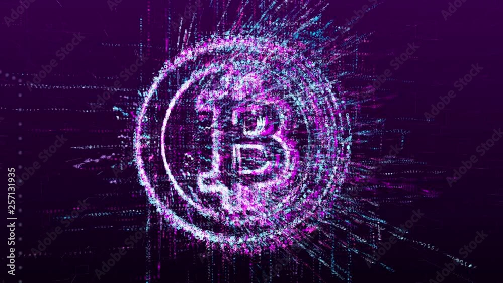 Animation of the bitcoin cryptocurrency sign. Consists of a stream of numbers and symbols in digital space.