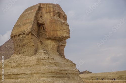 Giza, Egypt: Close-up profile of the Sphinx at the Khufu Pyramid Complex.